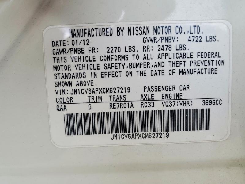 Aukcja sprzedaży 2012 Infiniti G37, vin: JN1CV6APXCM627219, numer aukcji: 77859695