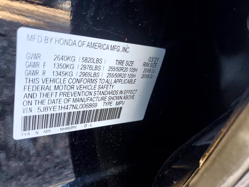 76782865 :رقم المزاد ، 5J8YE1H47NL006869 vin ، 2022 Acura Mdx مزاد بيع