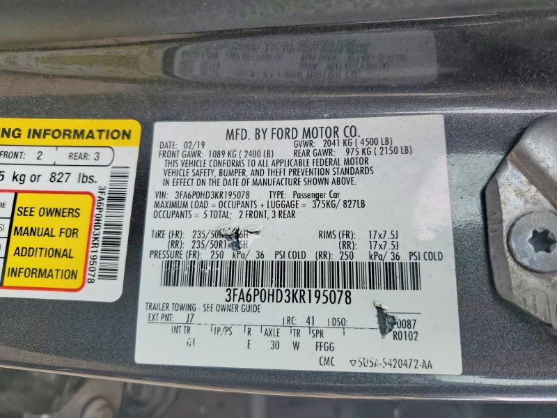 Продаж на аукціоні авто 2019 Ford Fusion, vin: 3FA6P0HD3KR195078, номер лоту: 78848215