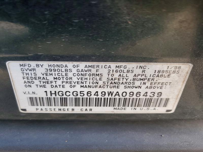 1998 Honda Accord მანქანა იყიდება აუქციონზე, vin: 1HGCG5649WA096439, აუქციონის ნომერი: 78765435