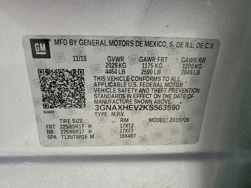 2019 Chevrolet Equinox მანქანა იყიდება აუქციონზე, vin: 3GNAXHEV2KS563590, აუქციონის ნომერი: 74923535