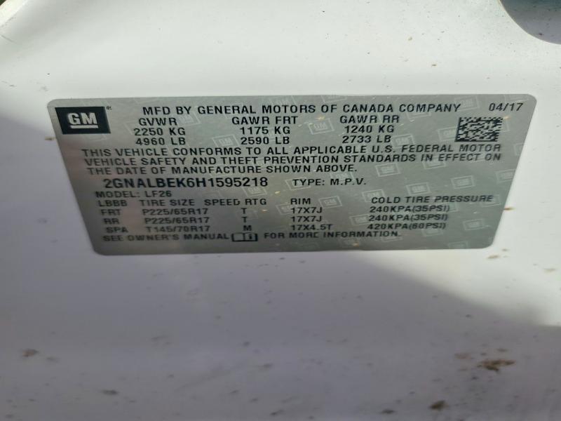 77404155 :رقم المزاد ، 2GNALBEK6H1595218 vin ، 2017 Chevrolet Equinox مزاد بيع