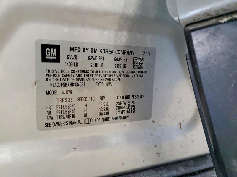 2017 Buick Encore მანქანა იყიდება აუქციონზე, vin: KL4CJFSBXHB134388, აუქციონის ნომერი: 75465415