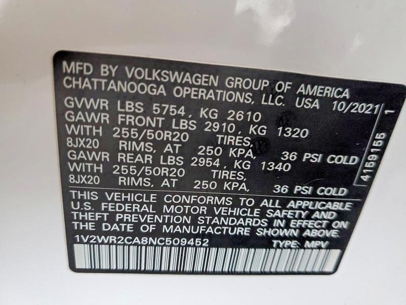Продаж на аукціоні авто 2022 Volkswagen Atlas, vin: 1V2WR2CA8NC509452, номер лоту: 75863325