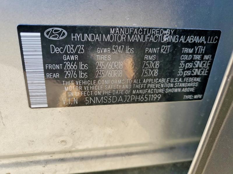2023 Hyundai Santa Fe მანქანა იყიდება აუქციონზე, vin: 5NMS3DAJ2PH651199, აუქციონის ნომერი: 77280215