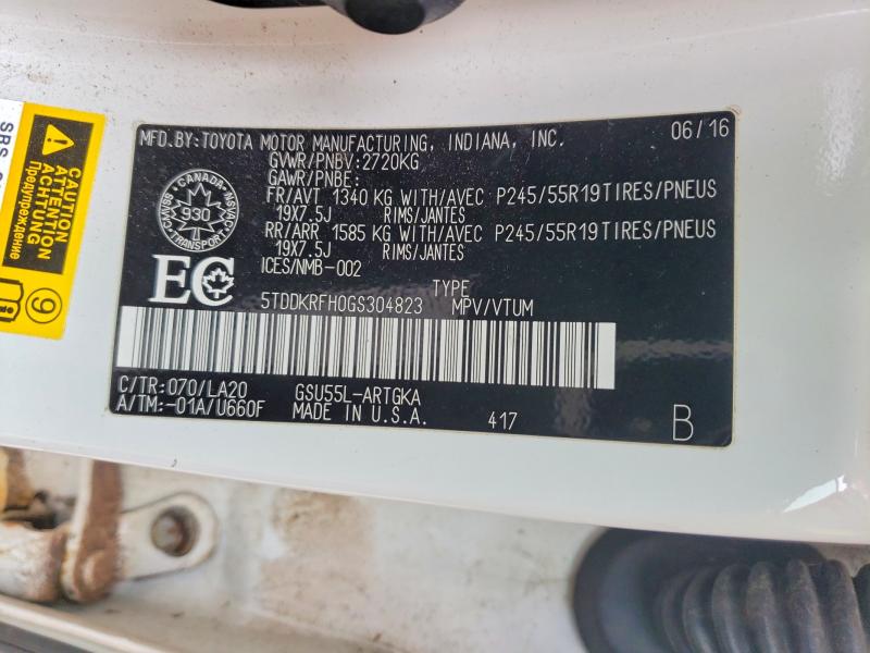 Aukcja sprzedaży 2016 Toyota Highlander, vin: 5TDDKRFH0GS304823, numer aukcji: 77468035