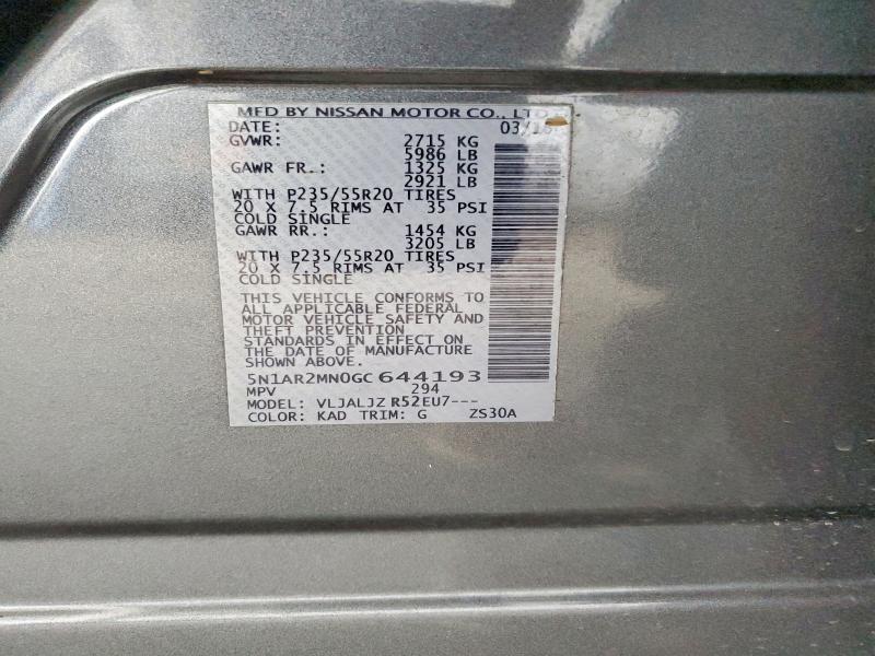 76733475 :رقم المزاد ، 5N1AR2MN0GC644193 vin ، 2016 Nissan Pathfinder مزاد بيع