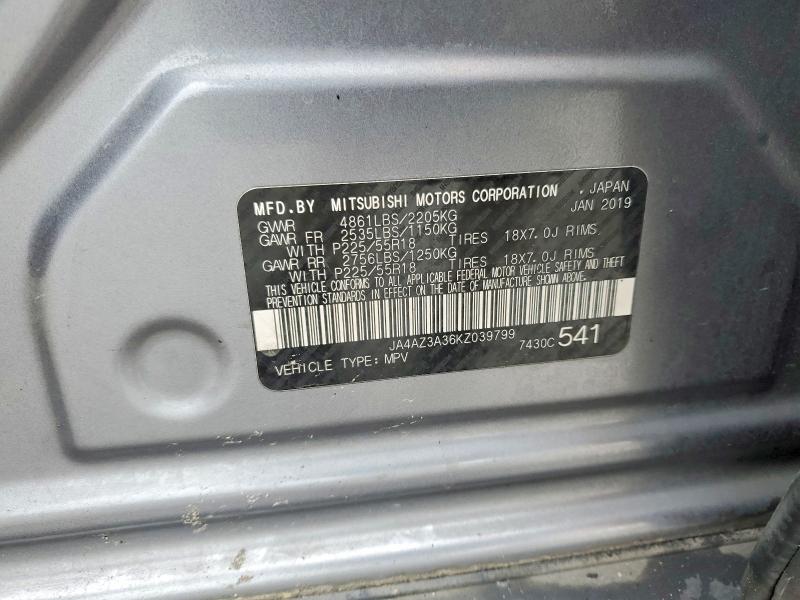 2019 Mitsubishi Outlander მანქანა იყიდება აუქციონზე, vin: JA4AZ3A36KZ039799, აუქციონის ნომერი: 75658145