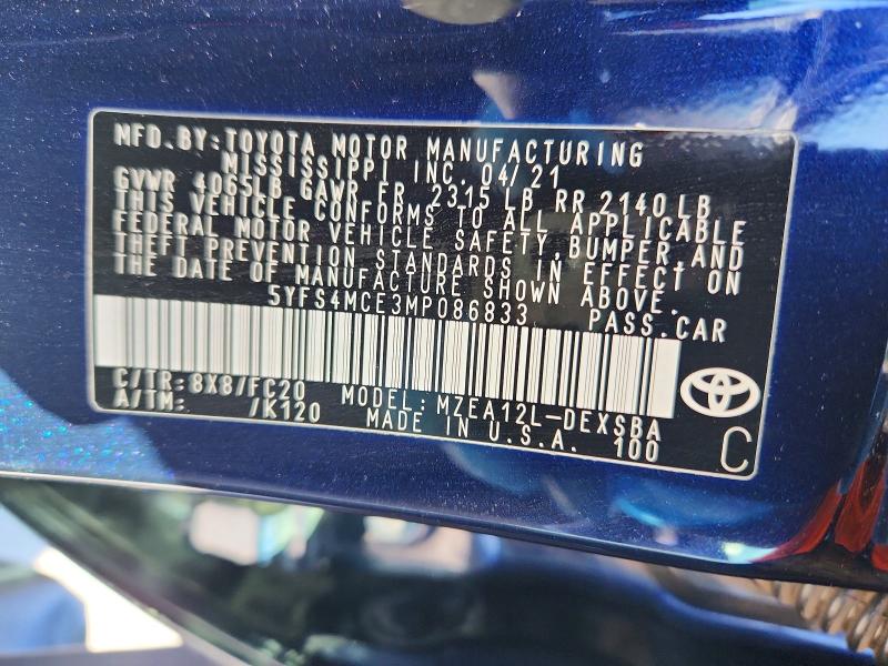 75827575 :رقم المزاد ، 5YFS4MCE3MP086833 vin ، 2021 Toyota Corolla مزاد بيع