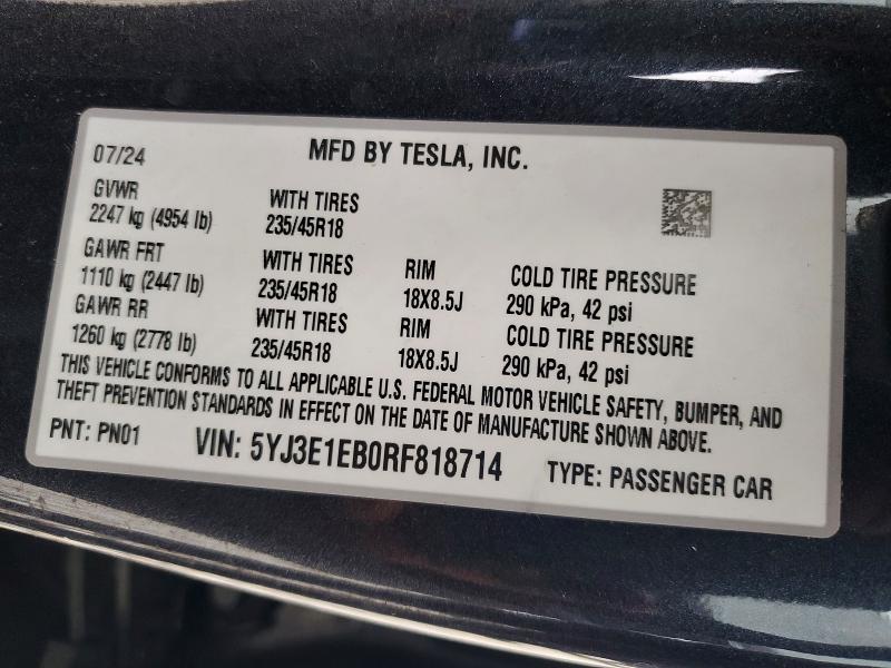 78037495 :رقم المزاد ، 5YJ3E1EB0RF818714 vin ، 2024 Tesla Model 3 مزاد بيع
