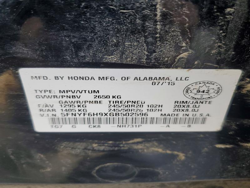 Aukcja sprzedaży 2016 Honda Pilot, vin: 5FNYF6H9XGB502596, numer aukcji: 78598485