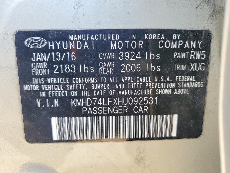 2017 Hyundai Elantra Se მანქანა იყიდება აუქციონზე, vin: KMHD74LFXHU092531, აუქციონის ნომერი: 75788995
