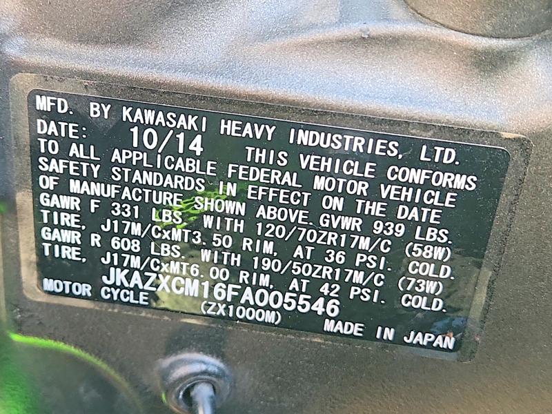 78440355 :رقم المزاد ، JKAZXCM16FA005546 vin ، 2015 Kawasaki Zx1000 مزاد بيع