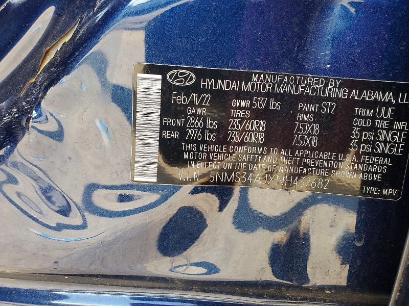 Aukcja sprzedaży 2022 Hyundai Santa Fe, vin: 5NMS34AJXNH432682, numer aukcji: 79436685