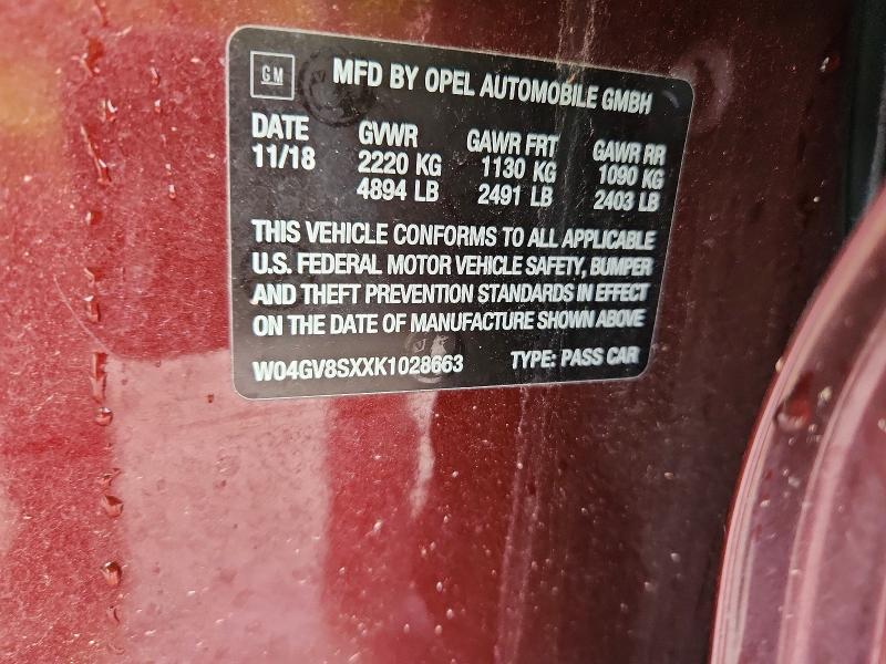 78881315 :رقم المزاد ، W04GV8SXXK1028663 vin ، 2019 Buick Regal Tourx مزاد بيع