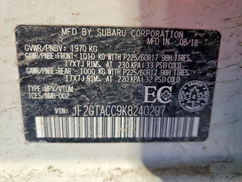 Aukcja sprzedaży 2019 Subaru Crosstrek, vin: JF2GTACC9K8240297, numer aukcji: 77152205