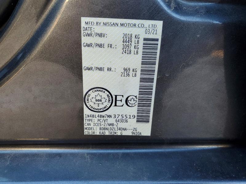 Продажа на аукционе авто 2021 Nissan Altima, vin: 1N4BL4BW7MN375519, номер лота: 78776065