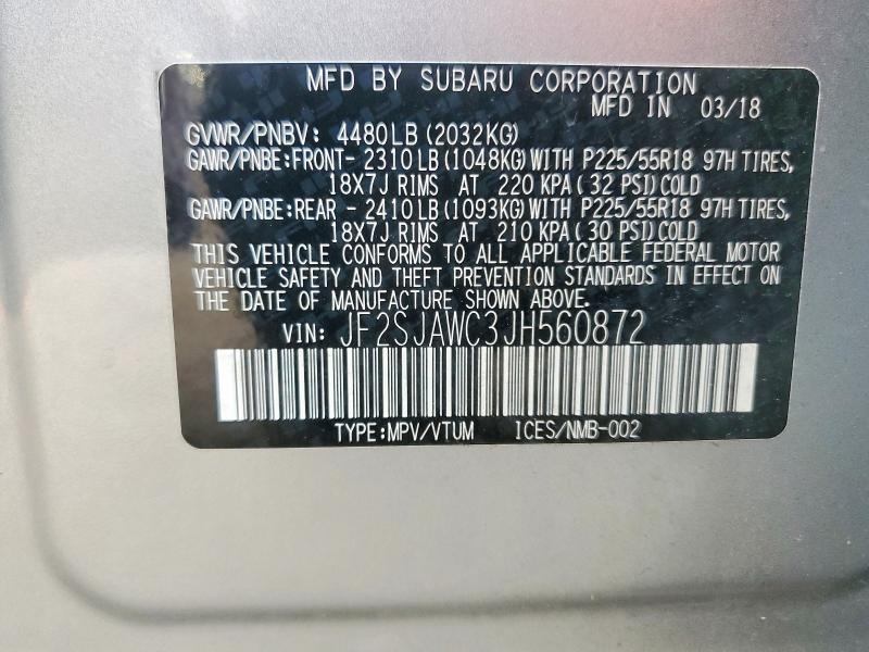 2018 Subaru Forester მანქანა იყიდება აუქციონზე, vin: JF2SJAWC3JH560872, აუქციონის ნომერი: 76886585