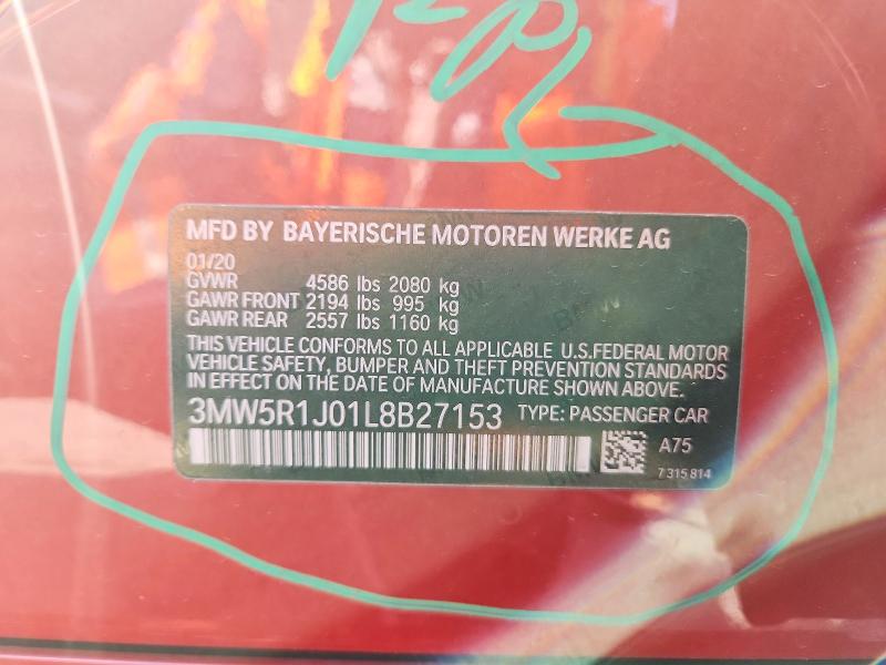 78875415 :رقم المزاد ، 3MW5R1J01L8B27153 vin ، 2020 Bmw 330i مزاد بيع