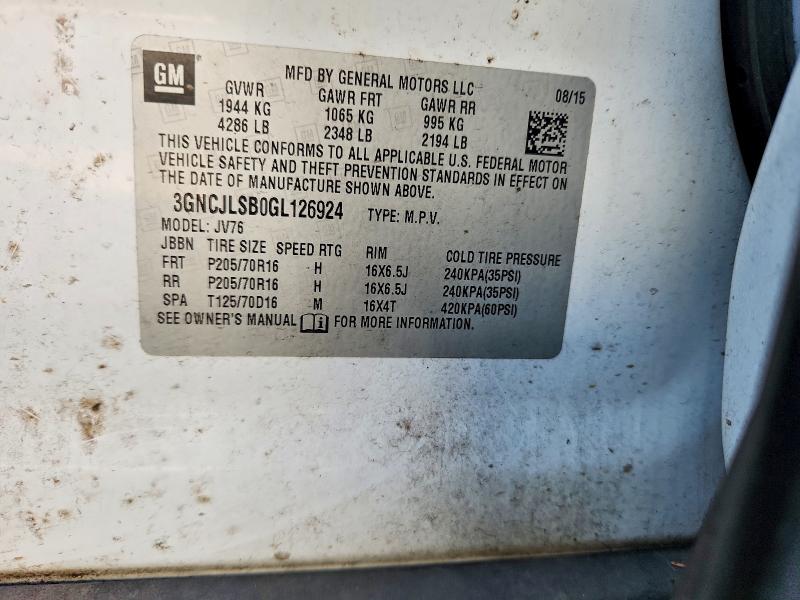 75859845 :رقم المزاد ، 3GNCJLSB0GL126924 vin ، 2016 Chevrolet Trax مزاد بيع