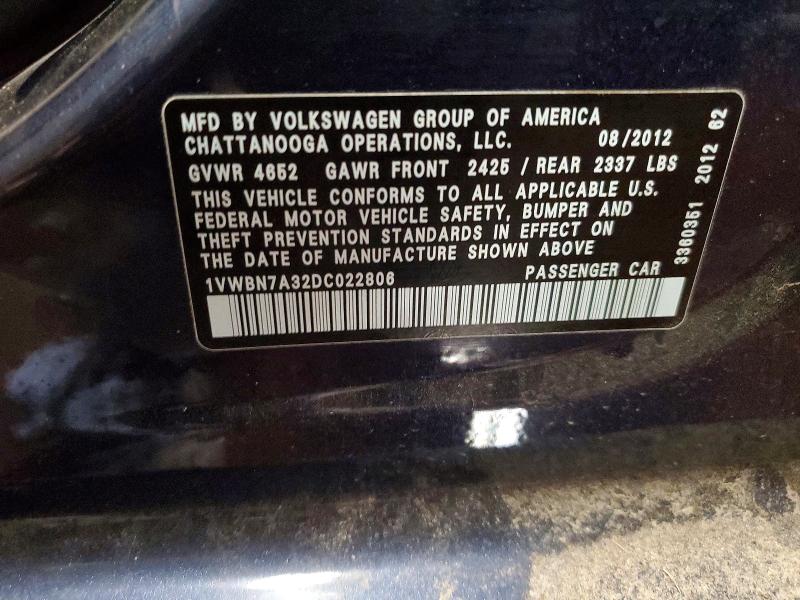 74107885 :رقم المزاد ، 1VWBN7A32DC022806 vin ، 2013 Volkswagen Passat مزاد بيع