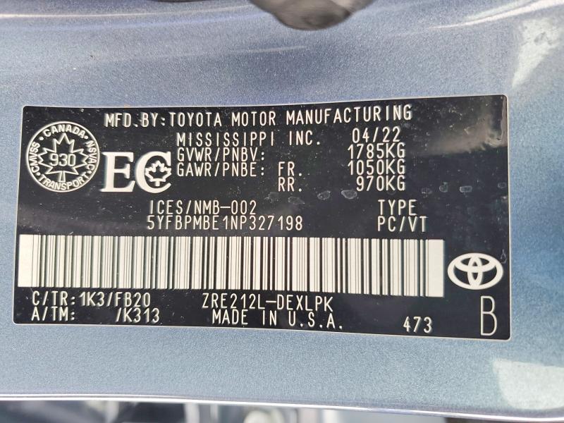 Продаж на аукціоні авто 2022 Toyota Corolla, vin: 5YFBPMBE1NP327198, номер лоту: 77034855
