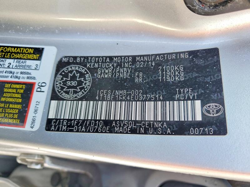 2014 Toyota Camry მანქანა იყიდება აუქციონზე, vin: 4T1BF1FK4EU377514, აუქციონის ნომერი: 99759255