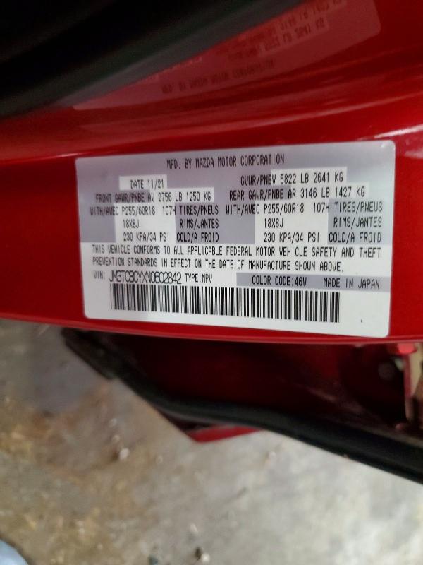 2022 Mazda Cx-9 მანქანა იყიდება აუქციონზე, vin: JM3TCBCYXN0602842, აუქციონის ნომერი: 75574005