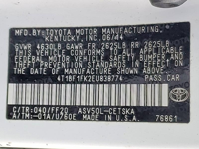Aukcja sprzedaży 2014 Toyota Camry, vin: 4T1BF1FK2EU838774, numer aukcji: 78042385