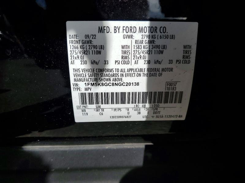 2022 Ford Explorer მანქანა იყიდება აუქციონზე, vin: 1FM5K8GC8NGC20138, აუქციონის ნომერი: 79091475