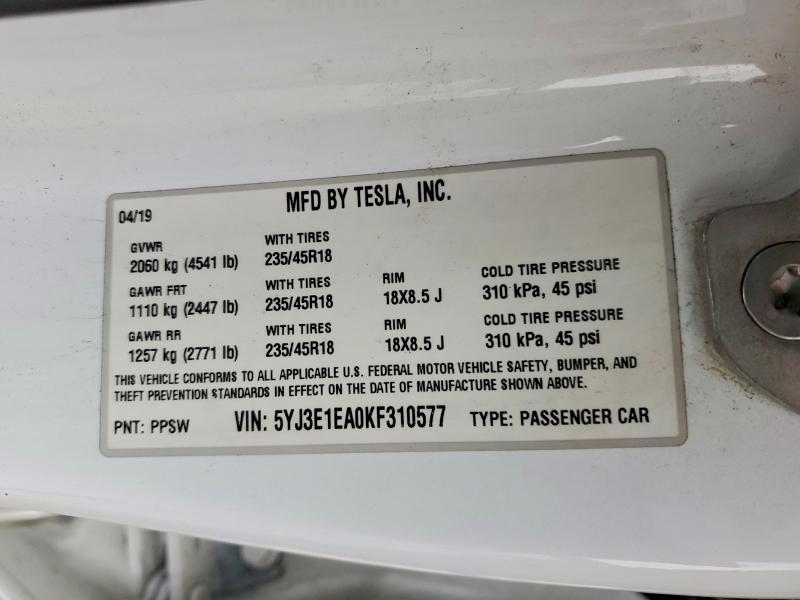 78041585 :رقم المزاد ، 5YJ3E1EA0KF310577 vin ، 2019 Tesla Model 3 مزاد بيع