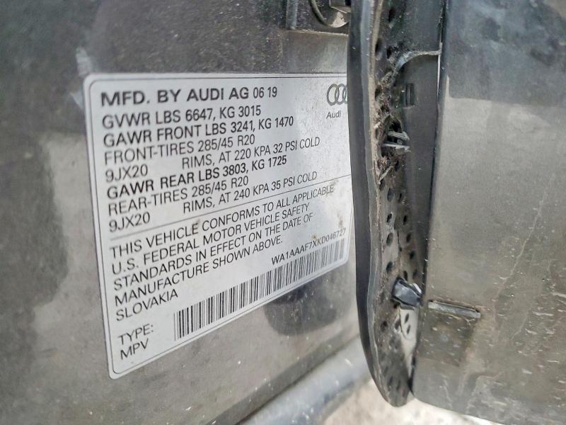 77801945 :رقم المزاد ، WA1AAAF7XKD046727 vin ، 2019 Audi Q7 مزاد بيع