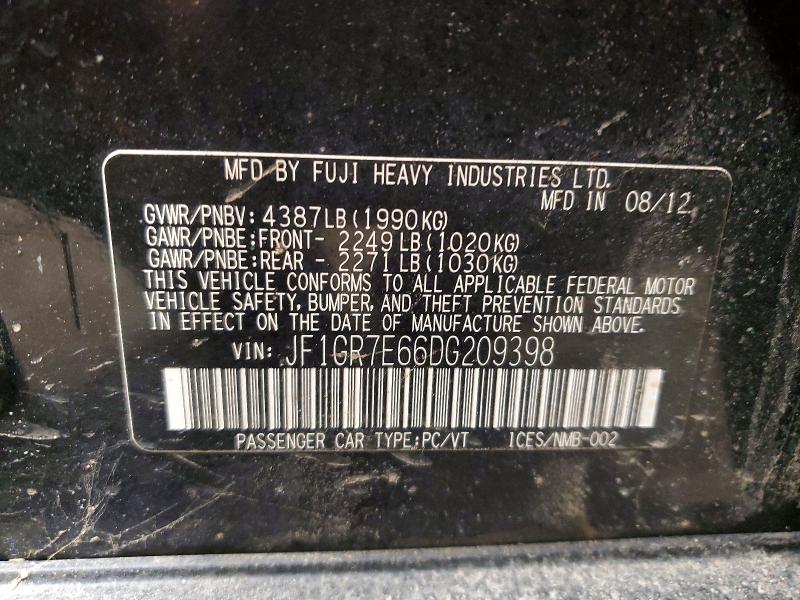 77462325 :رقم المزاد ، JF1GR7E66DG209398 vin ، 2013 Subaru Impreza مزاد بيع