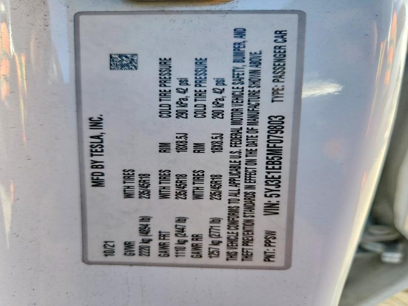 Aukcja sprzedaży 2021 Tesla Model 3, vin: 5YJ3E1EB5MF079803, numer aukcji: 75886875