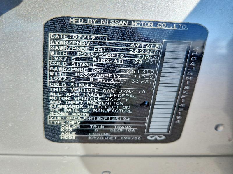 Aukcja sprzedaży 2019 Infiniti Qx50, vin: 3PCAJ5M18KF145194, numer aukcji: 75966905