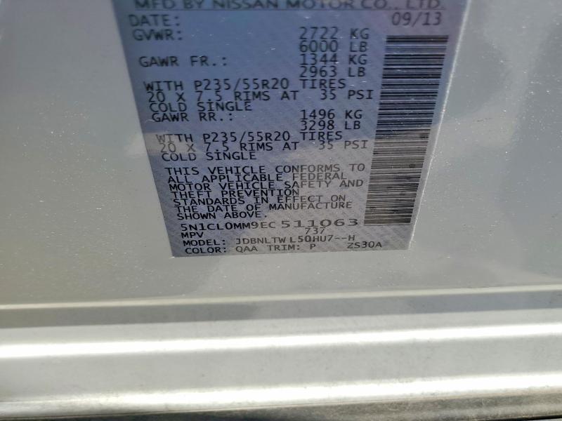 Aukcja sprzedaży 2014 Infiniti Qx60, vin: 5N1CL0MM9EC511063, numer aukcji: 76595735