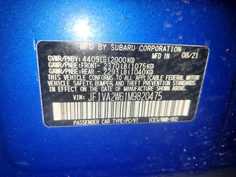 Продаж на аукціоні авто 2021 Subaru Wrx, vin: JF1VA2W61M9820475, номер лоту: 74552155