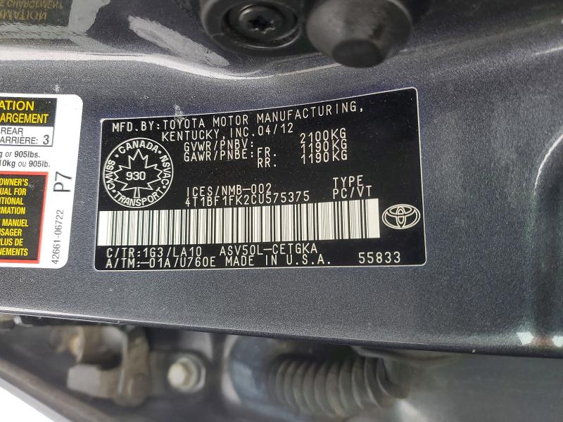 Aukcja sprzedaży 2012 Toyota Camry, vin: 4T1BF1FK2CU575375, numer aukcji: 76921955