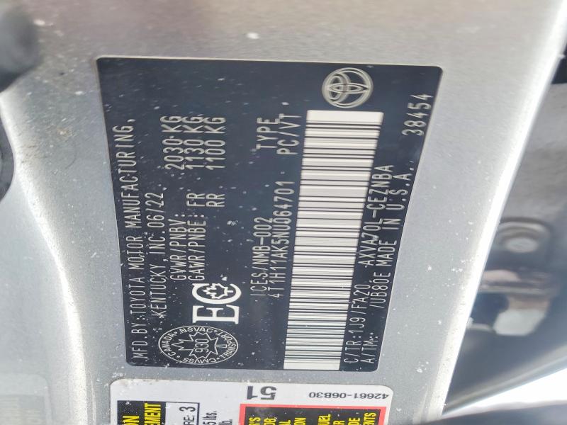 Продажа на аукционе авто 2022 Toyota Camry, vin: 4T1H11AK5NU064701, номер лота: 75568285