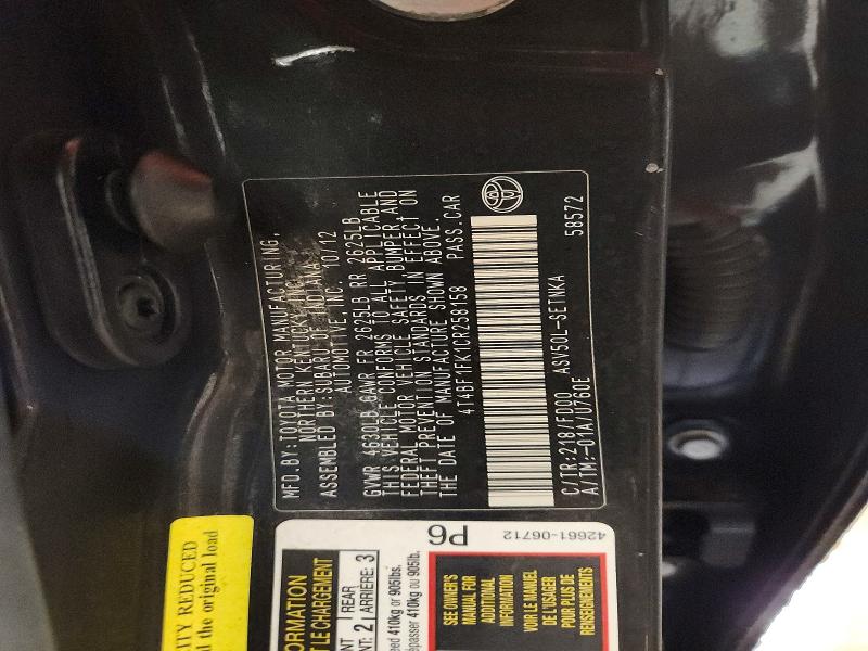 75234905 :رقم المزاد ، 4T4BF1FK1CR258158 vin ، 2012 Toyota Camry مزاد بيع