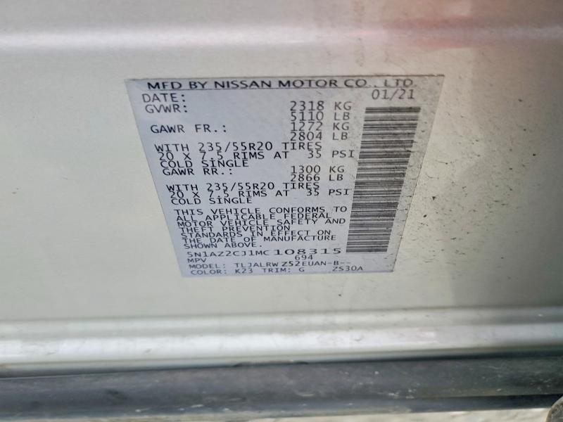 Aukcja sprzedaży 2021 Nissan Murano, vin: 5N1AZ2CJ1MC108315, numer aukcji: 78435575
