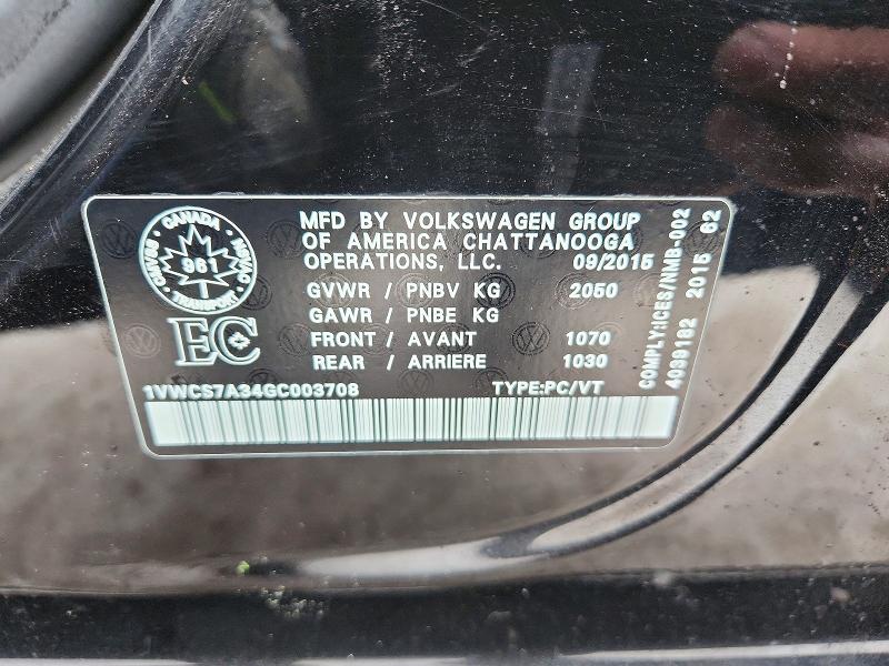76848875 :رقم المزاد ، 1VWCS7A34GC003708 vin ، 2016 Volkswagen Passat مزاد بيع
