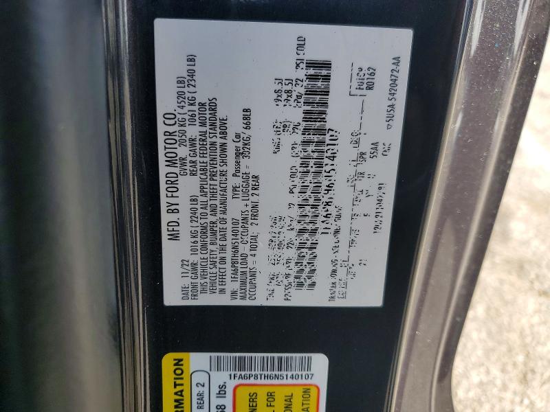 2022 Ford Mustang მანქანა იყიდება აუქციონზე, vin: 1FA6P8TH6N5140107, აუქციონის ნომერი: 78401485