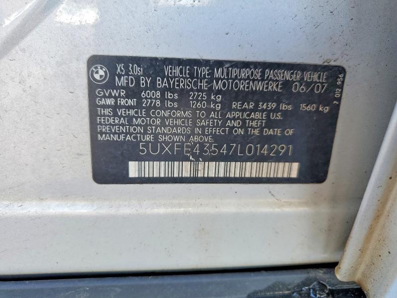2007 Bmw X5 მანქანა იყიდება აუქციონზე, vin: 5UXFE43547L014291, აუქციონის ნომერი: 78073425