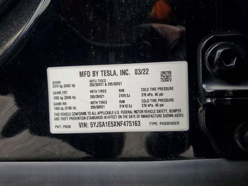 78314225 :رقم المزاد ، 5YJSA1E5XNF475163 vin ، 2022 Tesla Model S مزاد بيع