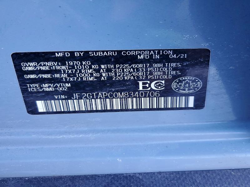 75474275 :رقم المزاد ، JF2GTAPC0M8340706 vin ، 2021 Subaru Crosstrek مزاد بيع