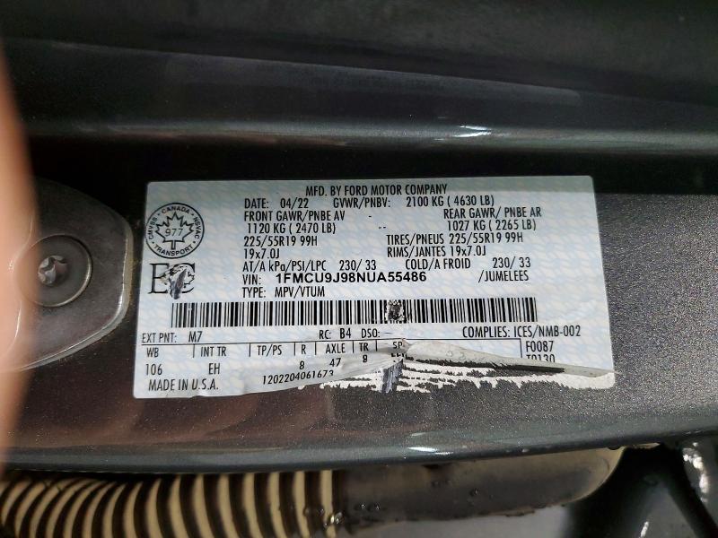 79600485 :رقم المزاد ، 1FMCU9J98NUA55486 vin ، 2022 Ford Escape مزاد بيع