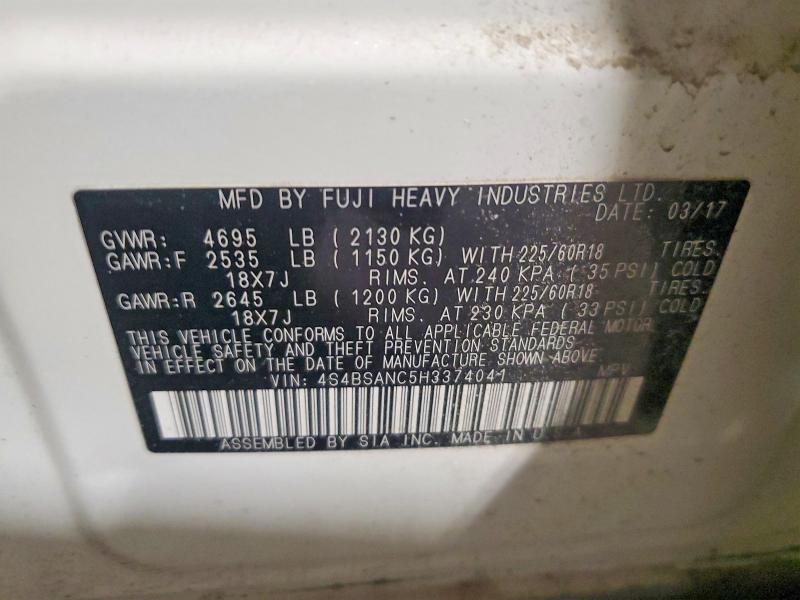 Продаж на аукціоні авто 2017 Subaru Outback, vin: 4S4BSANC5H3374041, номер лоту: 77389995