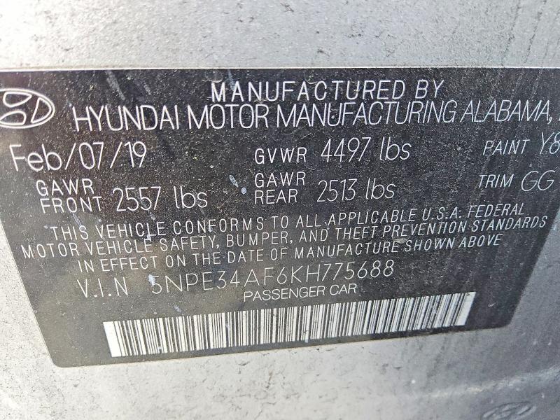 2019 Hyundai Sonata მანქანა იყიდება აუქციონზე, vin: 5NPE34AF6KH775688, აუქციონის ნომერი: 46962556