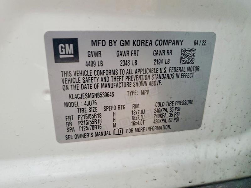77857405 :رقم المزاد ، KL4CJESM5NB539646 vin ، 2022 Buick Encore مزاد بيع